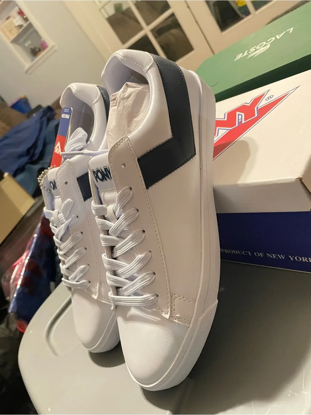 PONY Men’s White Sneakers with Navy Side Stripe